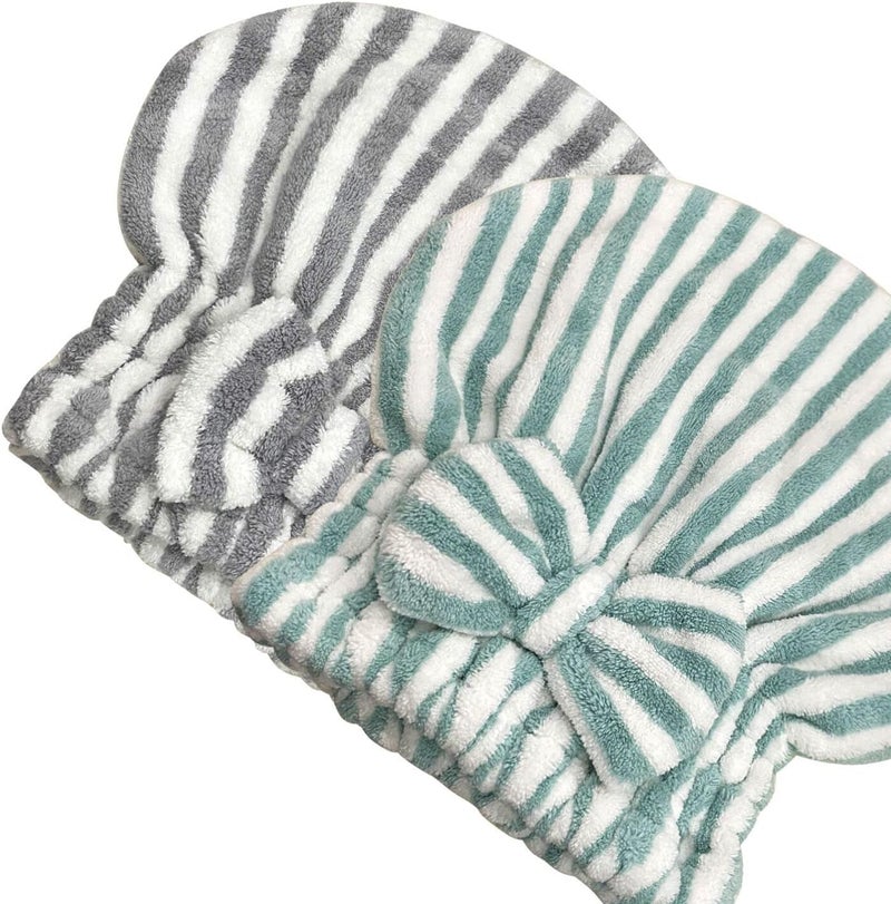 2PC Microfiber Hair Drying Caps Stripe, Extrame Soft & Ultra Absorbent, Fast Drying Turban Hair Wrap Towels Thick Fluffy for Women
